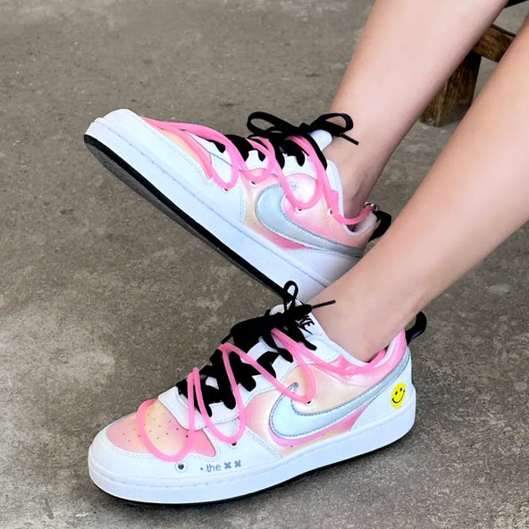 [Custom Pink mesh pattern]  Dunk Skateboarding Shoes Men Low-top White/pink/silver