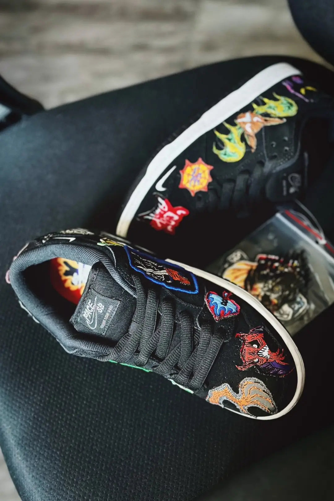 [Custom Night Parade of a Hundred Demons] Dunk Skateboarding Shoes Unisex Black/Cartoon Embroidery