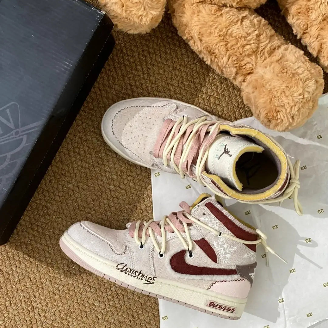 [Custom Midnight Snowfall] Air Jordan 1 Mid Top Skateboarding Men‘s Shoes Brown