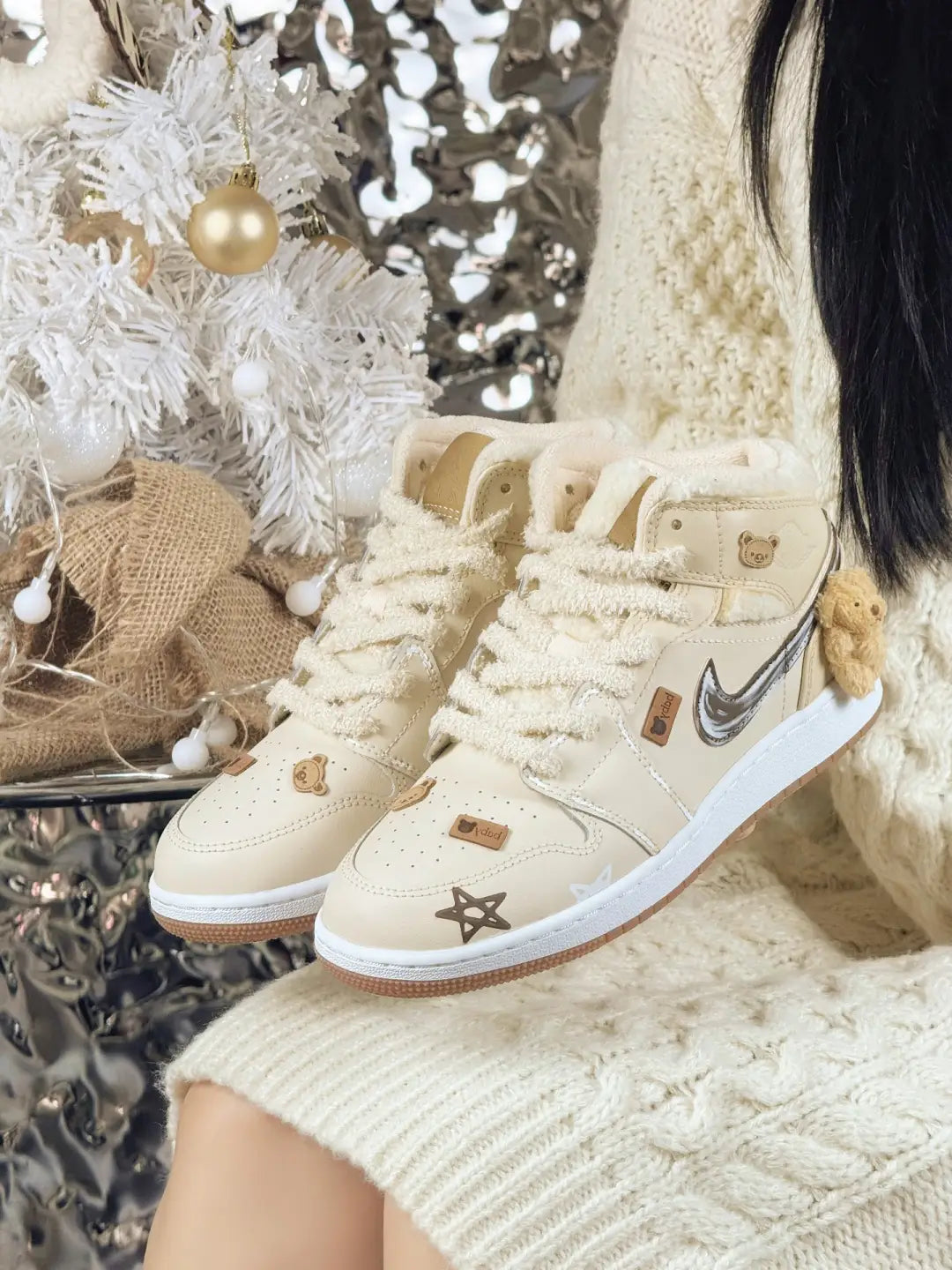 [Custom Warm Winter - Teddy Bear] Jordan Air Jordan 1 High Top Female Skateboarding Shoes Khaki Color