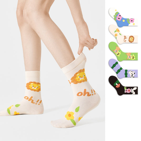 Cotton Socks Women Spring Middle Tube Socks Cute Cartoon Spring And Autumn Ladies Long Socks 5 Pairs( Size 35-42)