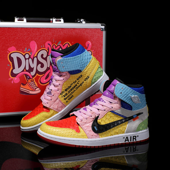 [Custom Ten-Color Patchwork - Python Skin] Air Jordan High - Top Skateboarding Shoes Unisex