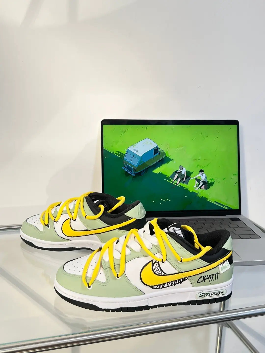 [Custom Green Comet]  Dunk Skateboarding Shoes Unisex Low-top Green/yellow/white