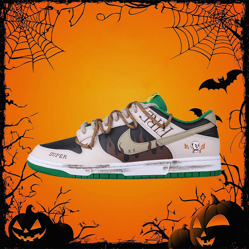 [Custom Flame Skeleton] Dunk Skateboarding Shoes Unisex Low-top Beige/Brown/Green