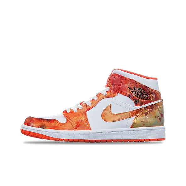 [Custom Haunted House] Air Jordan 1 Mid Top Unisex Skateboarding Shoes Orange/White