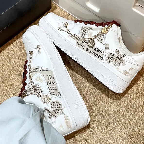 [Custom Men's vintage old newspaper in white and brown]  Air Force 1 Skateboarding Shoes Men Low-top Light Khaki