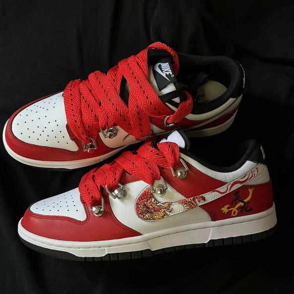 [Custom The auspicious dragon is jubilant]  Dunk Skateboarding Shoes Women's Low-top Pink/White/Black