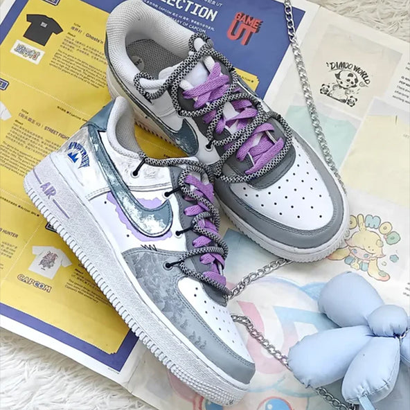 [Custom Ninth Street 2.0]  Air Force 1 Skateboard Shoes Unisex Low-Top Gray/White/Gray Blue/Purple/Blue/Black