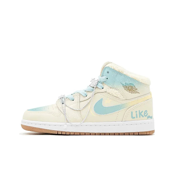 [Custom Warm Winter - Azure Galaxy] Jordan Air Jordan 1 High Top Female Skateboarding Shoes Khaki Color