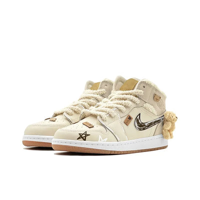 [Custom Warm Winter - Teddy Bear] Jordan Air Jordan 1 High Top Female Skateboarding Shoes Khaki Color