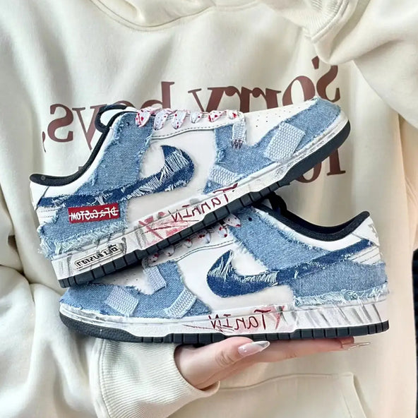 [Custom Patched Rebel] Dunk Low Skateboard Shoes Unisex Denim Style