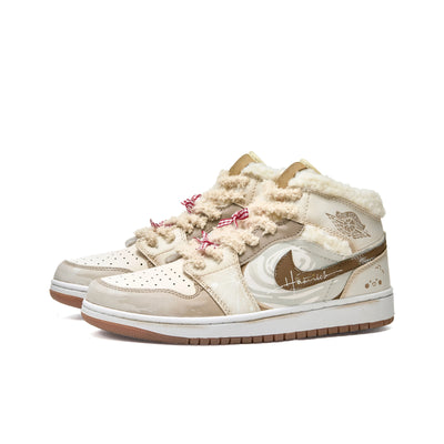 [Custom Warm Winter - Cocoa Bear] Jordan Air Jordan 1 High Top Female Skateboarding Shoes Khaki Color