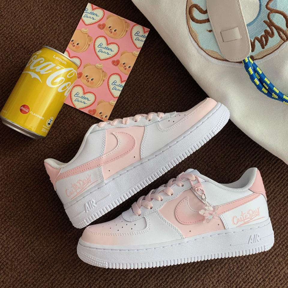 [Custom Summer Peach Peach S-BOX] Nike Air Force 1 Skateboarding Shoes Women's Low-top Pink/white