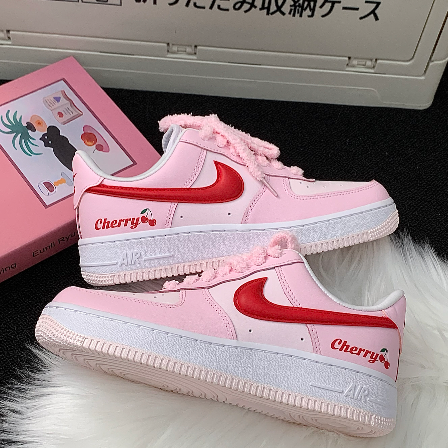 [Custom Cherry Cream] Nike Air Force 1 Skateboard Shoes Women's Low-Top White/Pink/Red