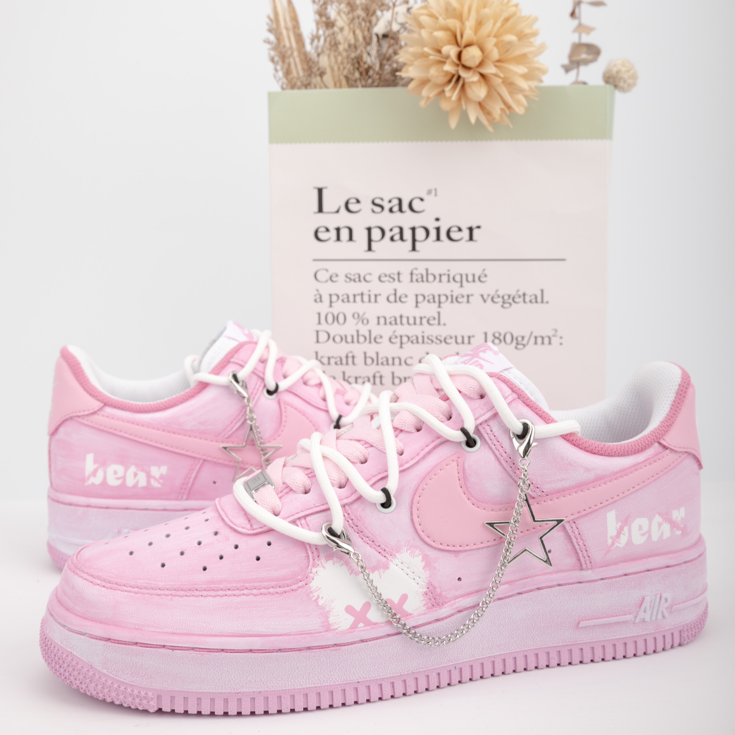 [Custom Pink Shadow Bear]  Air Force 1 Skateboarding Shoes Men Low-top White/pink