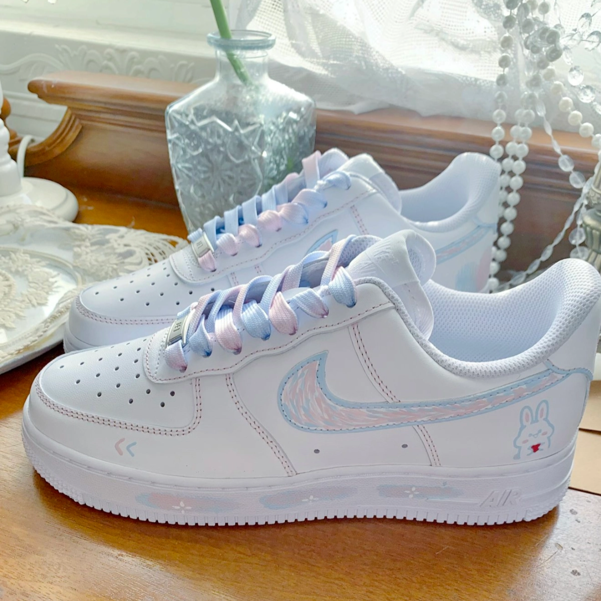 [Custom Crayon Pink and Blue Heartwarming Little Rabbit -  Air Force 1 Skateboarding Shoes Women's
