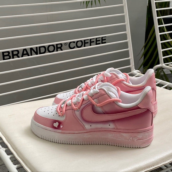 [Custom Pink Smudge ]  Air Force 1 Skateboarding Shoes Women's Low-top Pink, White