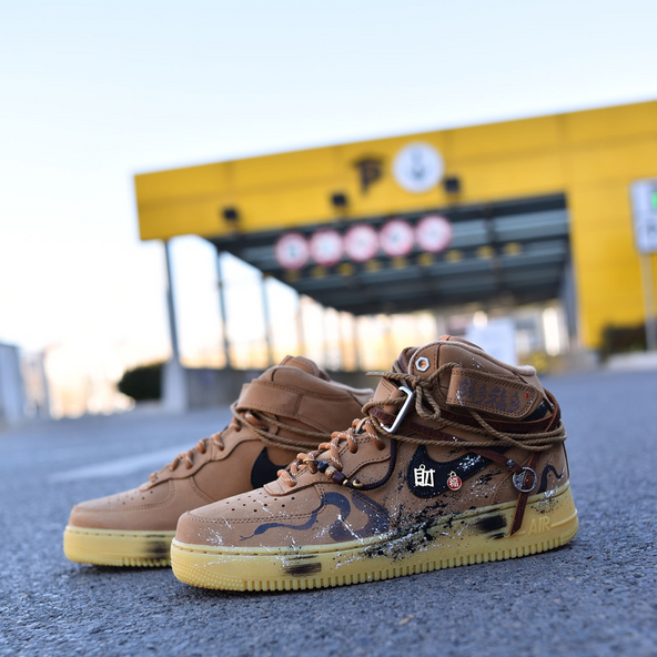 [Custom Financial freedom for both men and women]  Air Force 1 Skateboard Shoes Unisex Mid-Top Black Brown