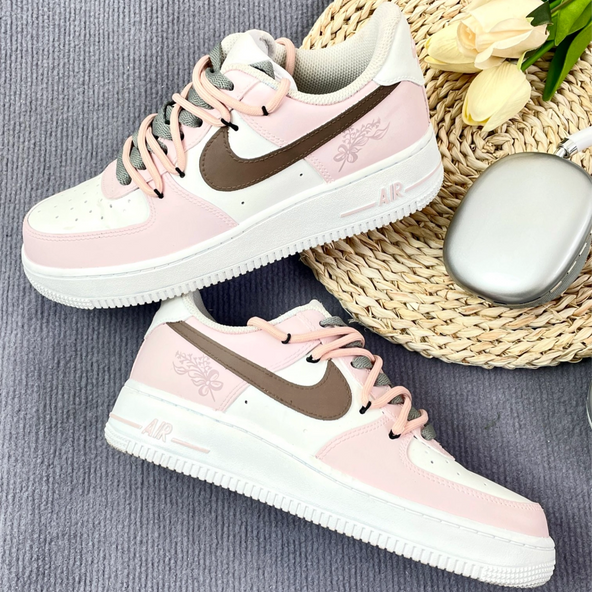 [Custom Flower powder]  Air Force 1 Wear-Resistant Low-Top Skateboard Shoes Women's Pink White