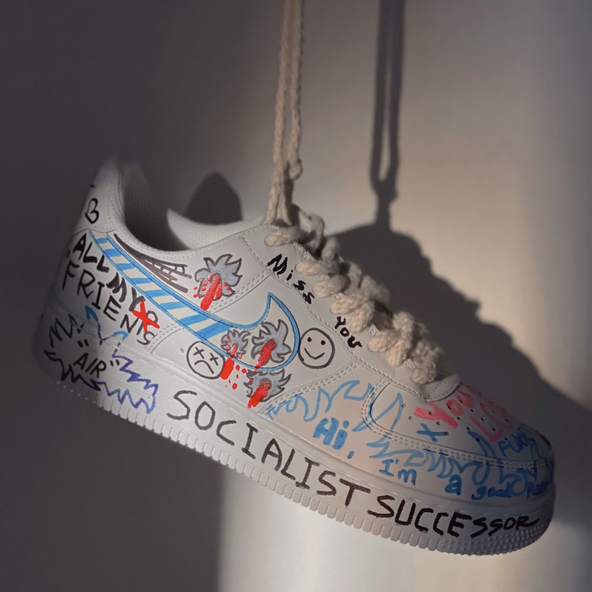 [Custom Female street graffiti in GD color]  Air Force 1 Skateboarding Shoes Women's Low-top White/Blue/Black