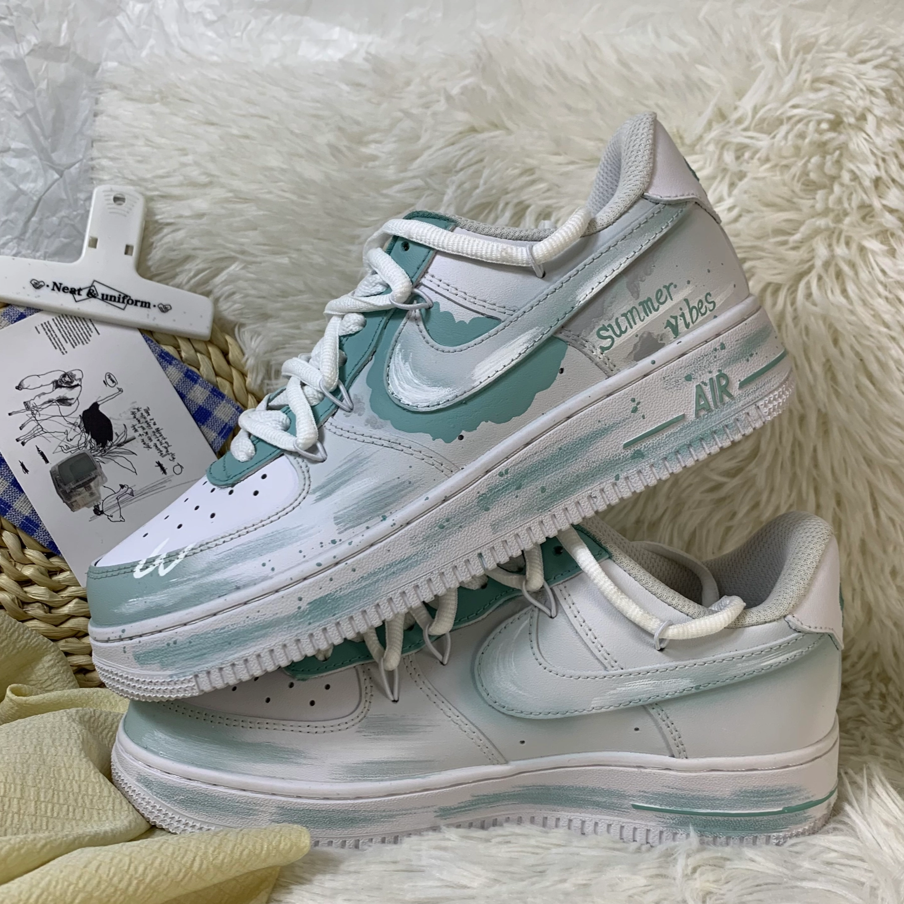 [Custom Mint marshmallows]  Air Force 1 Skateboard Shoes Women's Low-Top Blue/White