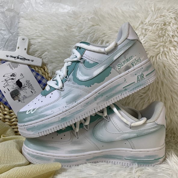 [Custom Mint marshmallows]  Air Force 1 Skateboard Shoes Women's Low-Top Blue/White