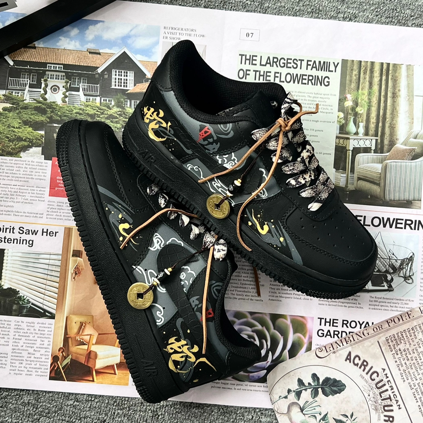 [Custom The Golden Snake brings good fortune] Nike Air Force 1 Skateboard Shoes Unisex Low-Top Black Gold