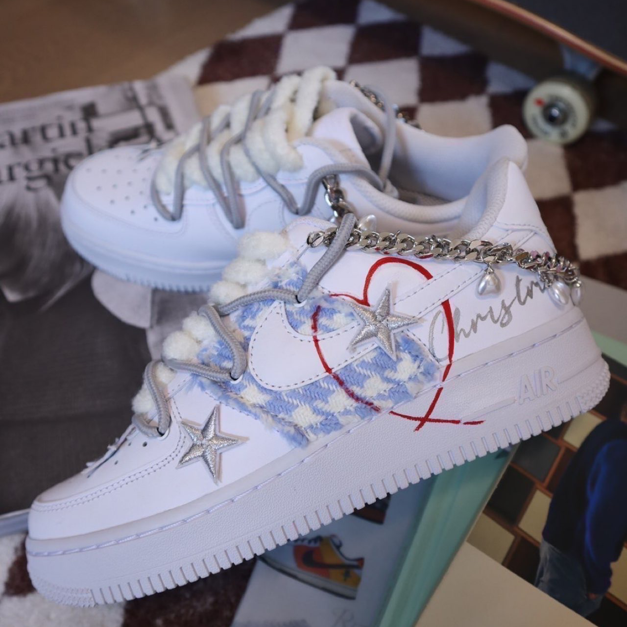 [Custom Christmas blue diamond-shaped pearl women's edition]  Air Force 1 Skateboarding Shoes Women's