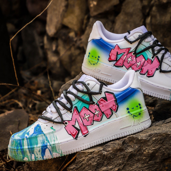 [Custom Female fluid art graffiti in blue and green pink]  Air Force 1 Skateboarding Shoes Women's Low-top Blue/green/pink