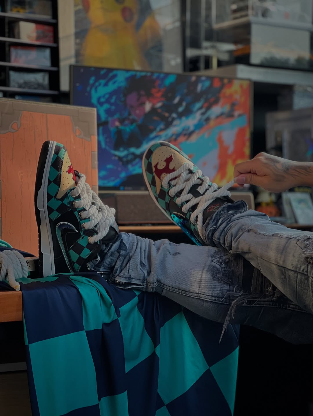 [Custom Demon Slayer - Tanjiro] Air Jordan 1 High Top Unisex Skateboarding Shoes Green/Black