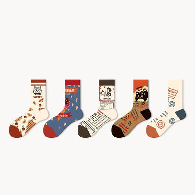 Vintage Pictorial - Mid Cotton Socks Women Non-Slip Sports Fashion 5 Pairs