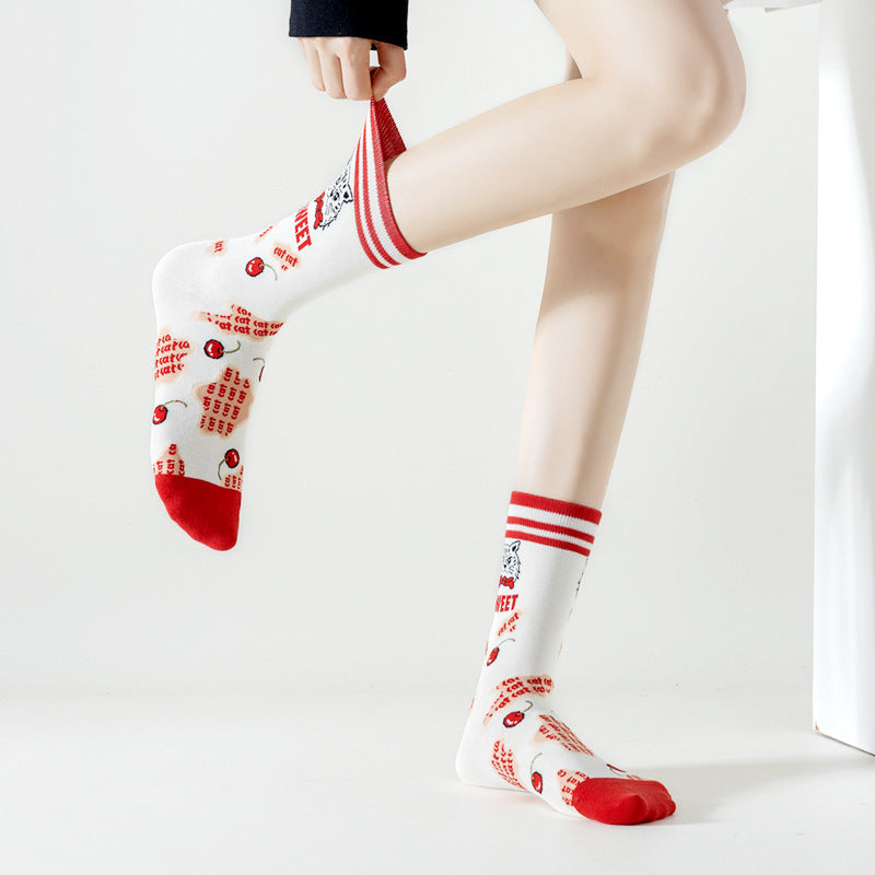 Vintage Pictorial - Mid Cotton Socks Women Non-Slip Sports Fashion 5 Pairs