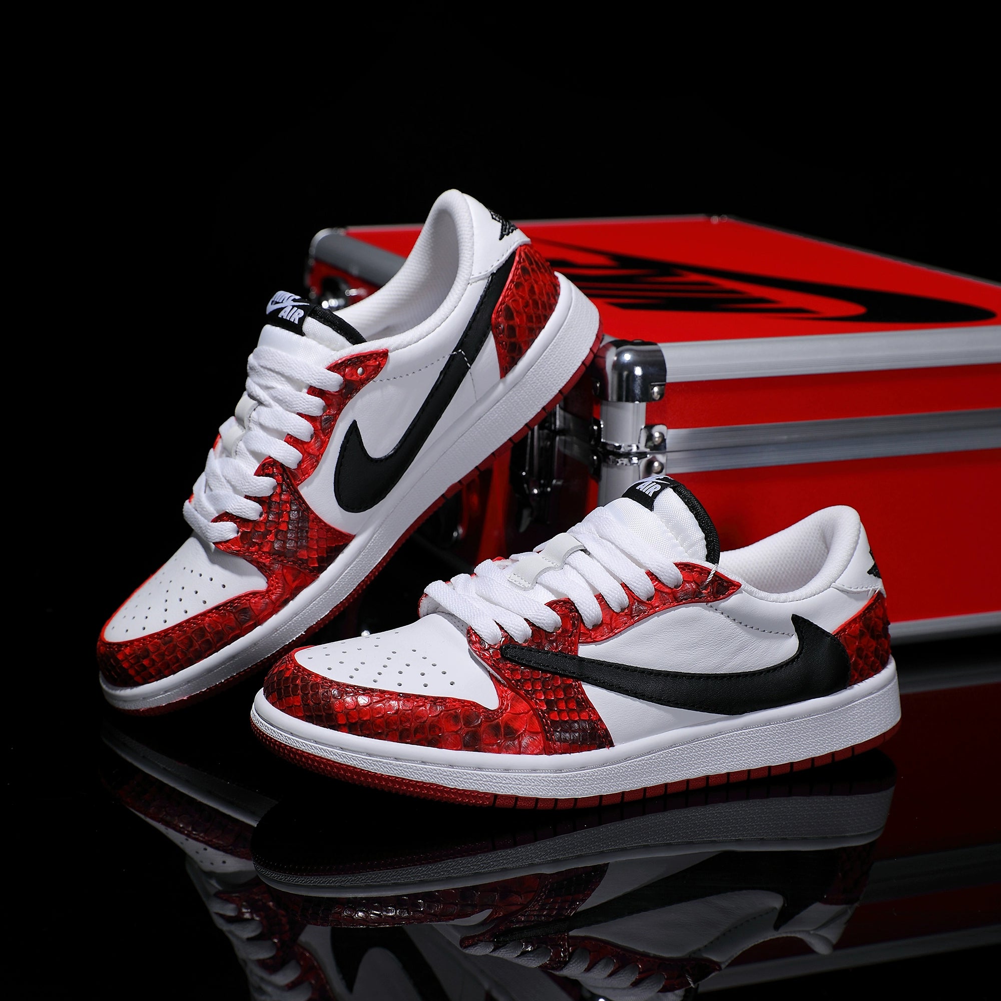 [Custom Red and White - Python Pattern] Air Jordan 1 Chicago Low - Top Skateboarding Shoes Unisex