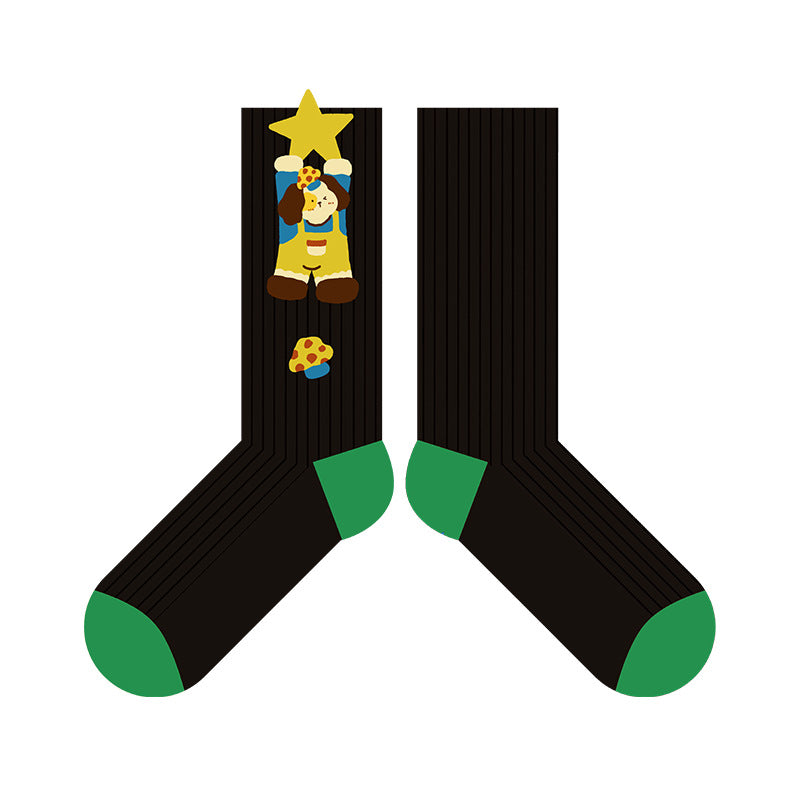 Puppy Diary - Spring & Summer New Cartoon Illustration Vintage Checkered Star Mid-Calf Socks (Cotton, Women's, 5 Pairs, Size 35-42)