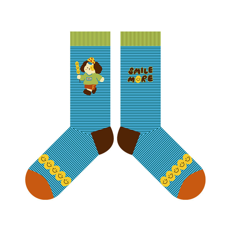 Puppy Diary - Spring & Summer New Cartoon Illustration Vintage Checkered Star Mid-Calf Socks (Cotton, Women's, 5 Pairs, Size 35-42)
