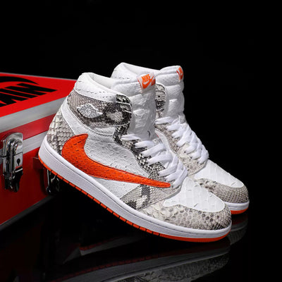 [Custom Natural-colored Python Pattern - Backwards Swoosh] Air Jordan High - Top Skateboarding Shoes Unisex