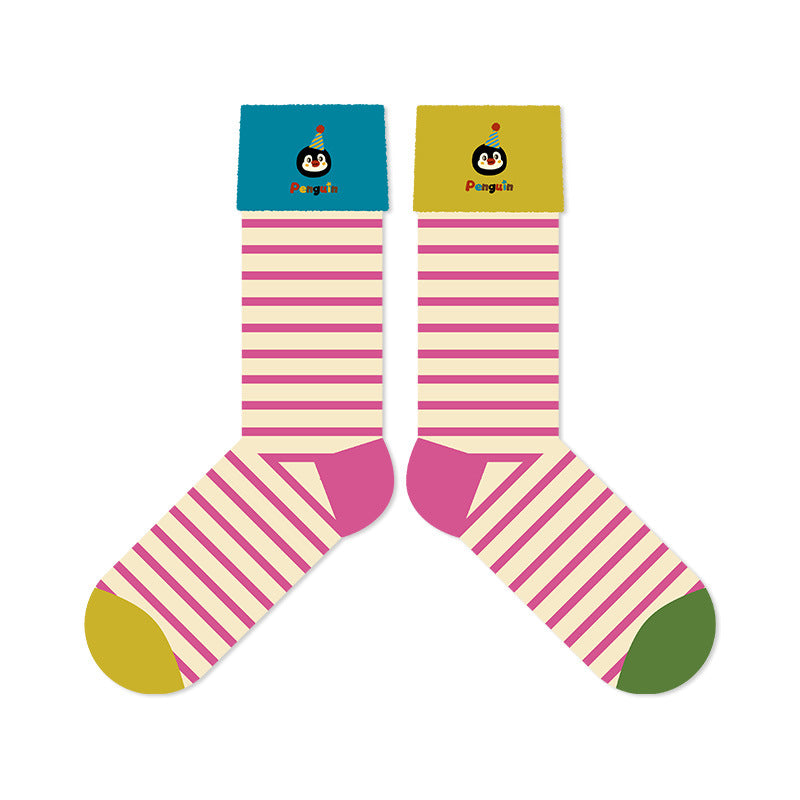 Penguin Kingdom – Spring & Fall New Striped Home Cute Cartoon Cotton Mid-Calf Socks (Unisex,4 Pairs, Size 35-42)