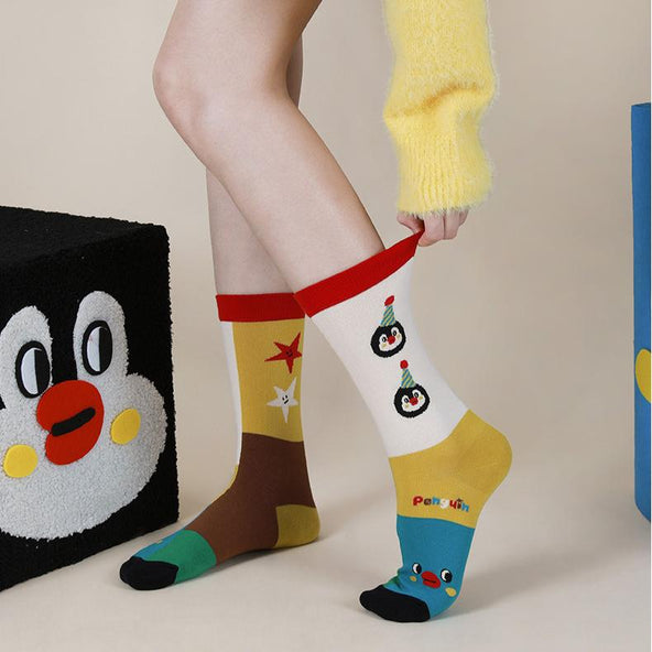 Penguin Kingdom – Spring & Fall New Striped Home Cute Cartoon Cotton Mid-Calf Socks (Unisex,4 Pairs, Size 35-42)
