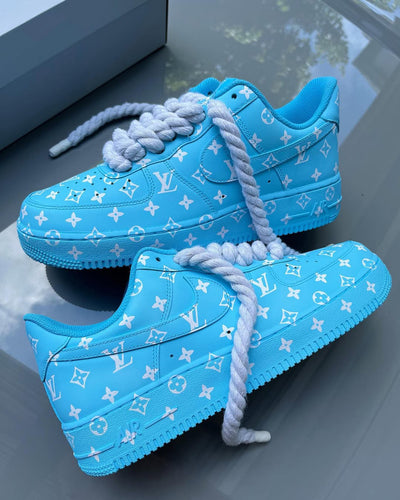 [Customized Old-fashioned Pattern] Air Force 1 Shoes Unisex Hand Painted Blue