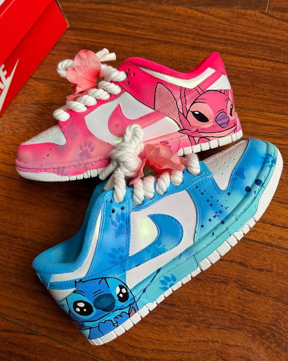 [Customized Stitch & Angel] Air Force 1 Shoes Unisex Hand Painted Pink and Blue