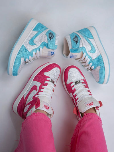 [Custom Pink/Blue/Magenta - Full Diamond] Air Jordan 1 High - Top Skateboarding Shoes Unisex