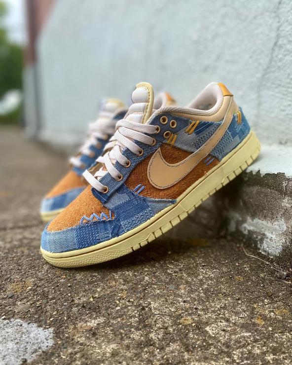 [Customized Denim Patchwork] Dunk Low-top Shoes Unisex Denim Style Blue/Brown