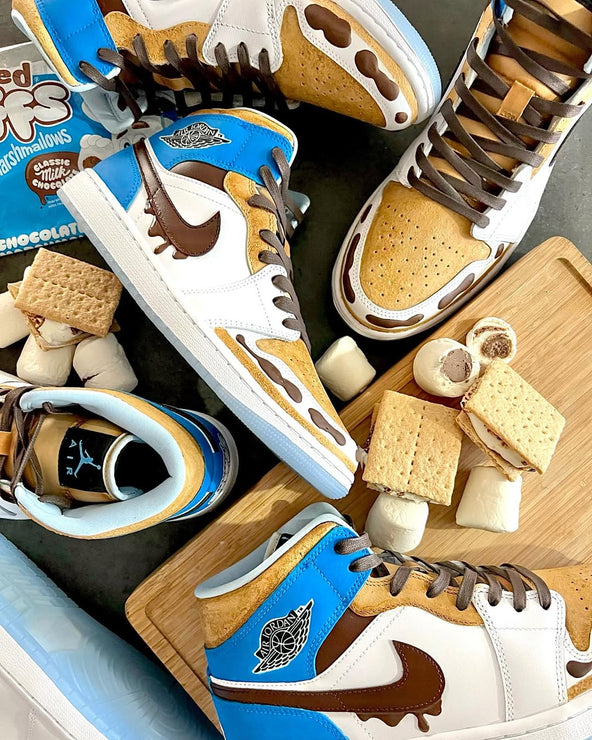 [Custom Toasted Marshmallow Sandwich Cookies] Air Jordan 1 High Top Unisex Skateboarding Shoes Blue/White/Brown