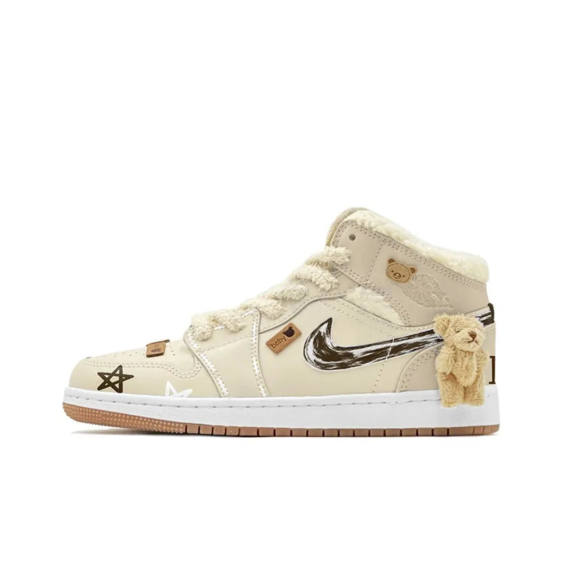 [Custom Warm Winter - Teddy Bear] Jordan Air Jordan 1 High Top Female Skateboarding Shoes Khaki Color
