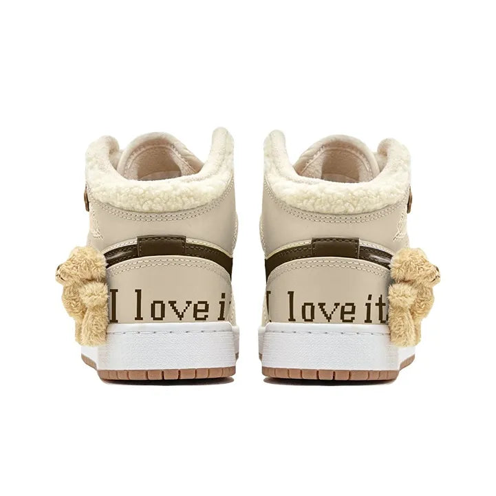 [Custom Warm Winter - Teddy Bear] Jordan Air Jordan 1 High Top Female Skateboarding Shoes Khaki Color