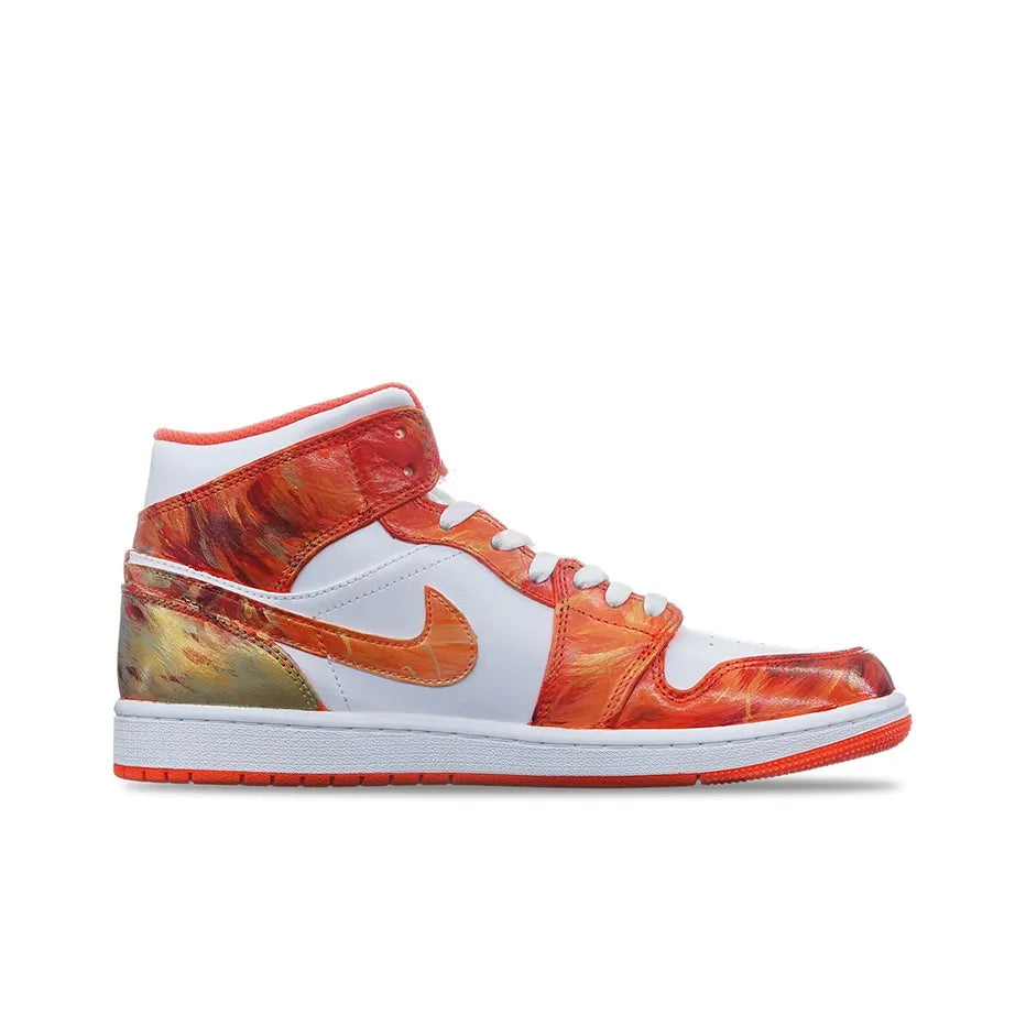 [Custom Haunted House] Air Jordan 1 Mid Top Unisex Skateboarding Shoes Orange/White