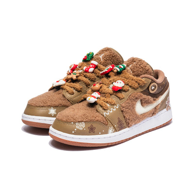 [Custom Warm Winter - Gingerbread Man and Little Bear] Jordan Air Jordan 1 Low Top Female Skateboarding Shoes Brown