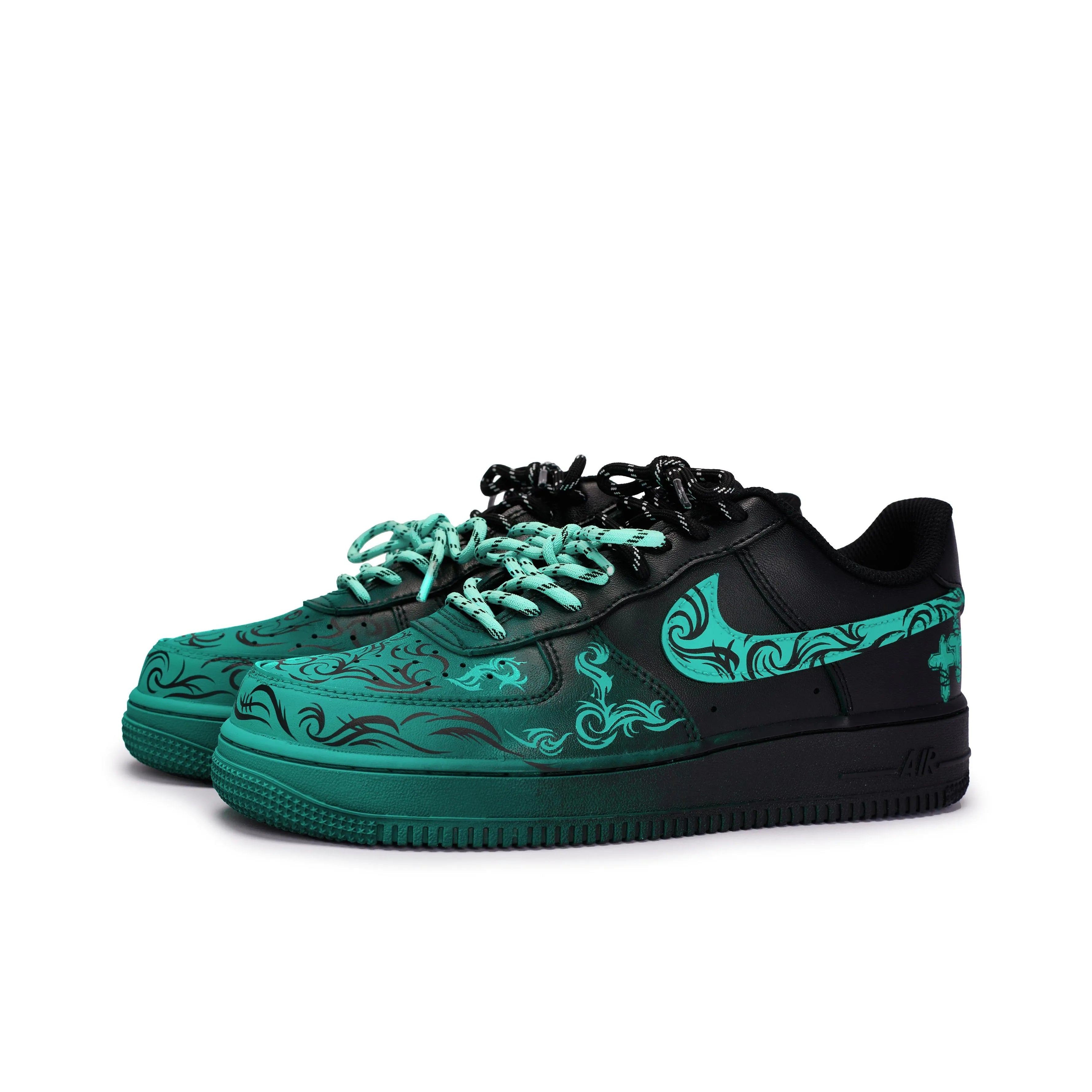 [Custom Graffiti Hand-Painted Floral Pattern Black Tiffany] Air Force 1 Skateboarding Shoes Unisex