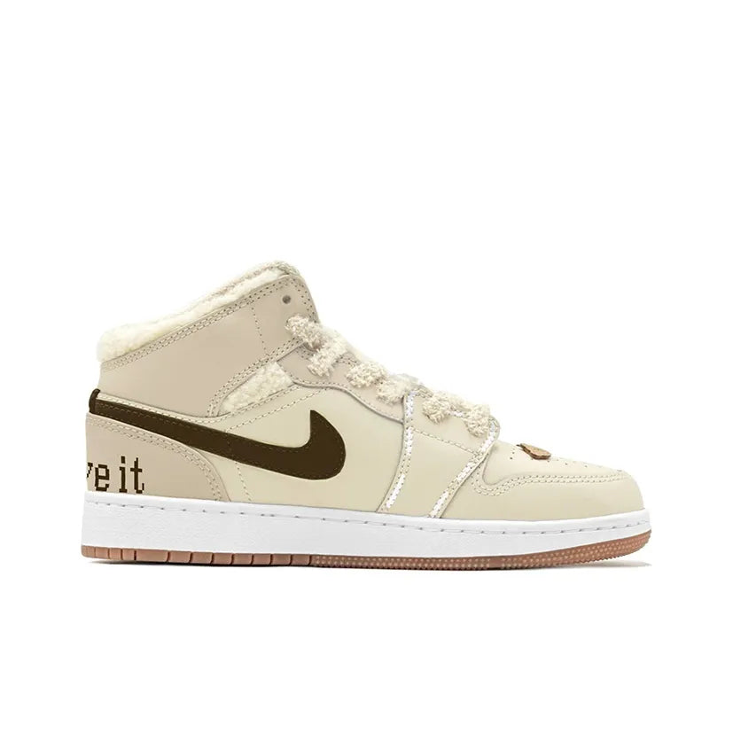 [Custom Warm Winter - Teddy Bear] Jordan Air Jordan 1 High Top Female Skateboarding Shoes Khaki Color