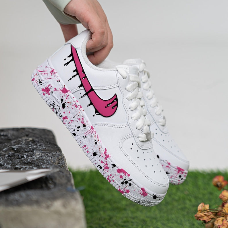 [Customized Black Drips] Air Force 1 Shoes Unisex Hand Painted/Splash Shoes Pink/Blue/Red/Purple